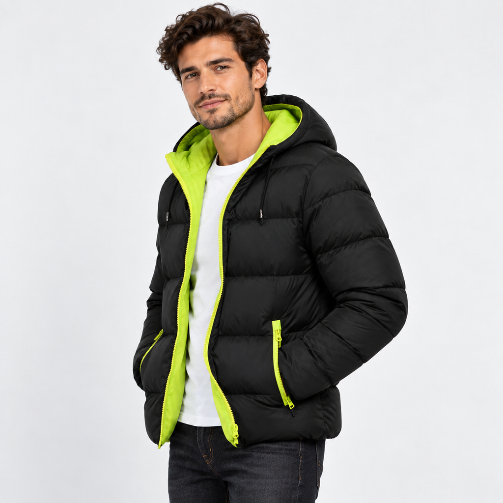 Green - A man wearing a black puffer jacket with a bright lime green hood lining and zipper details, paired with a white t-shirt and dark jeans, photographed against a light gray studio background.
