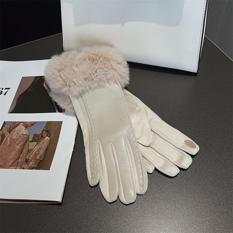 Women’s Vegan Leather Winter Gloves – Faux Fur Cuff Touchscreen Warm Gloves