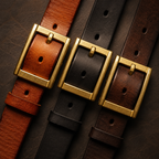 Three leather belts with square brass buckles arranged diagonally on a dark textured background. The belts are in brown, black, and reddish-brown tones.