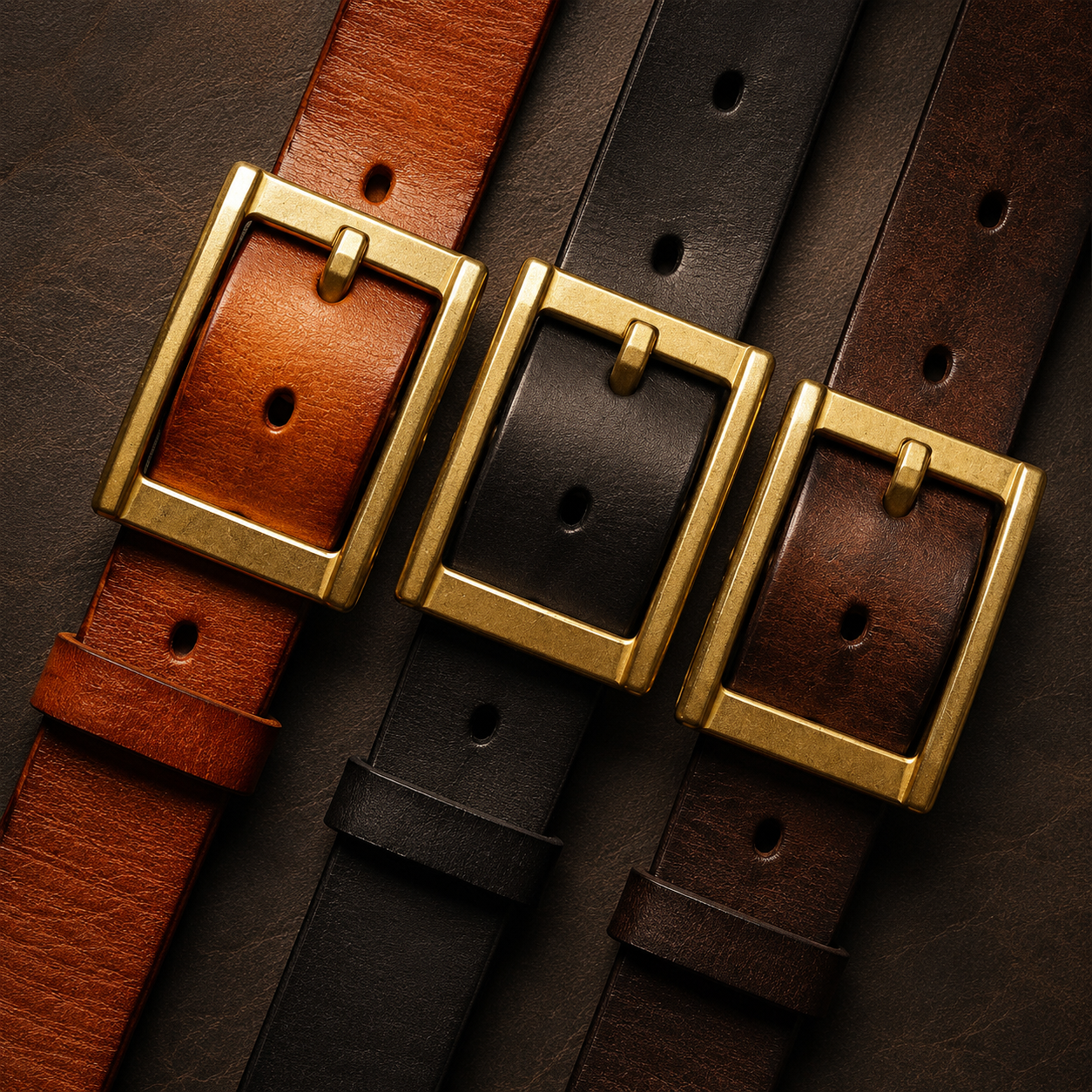Three leather belts with square brass buckles arranged diagonally on a dark textured background. The belts are in brown, black, and reddish-brown tones.