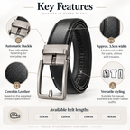 A promotional feature graphic for a black leather belt with a silver-toned automatic buckle. The image includes labeled callouts for automatic buckle, approx.