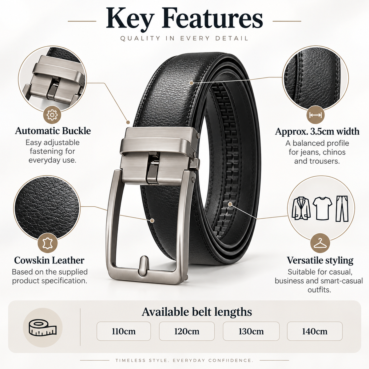 A promotional feature graphic for a black leather belt with a silver-toned automatic buckle. The image includes labeled callouts for automatic buckle, approx.