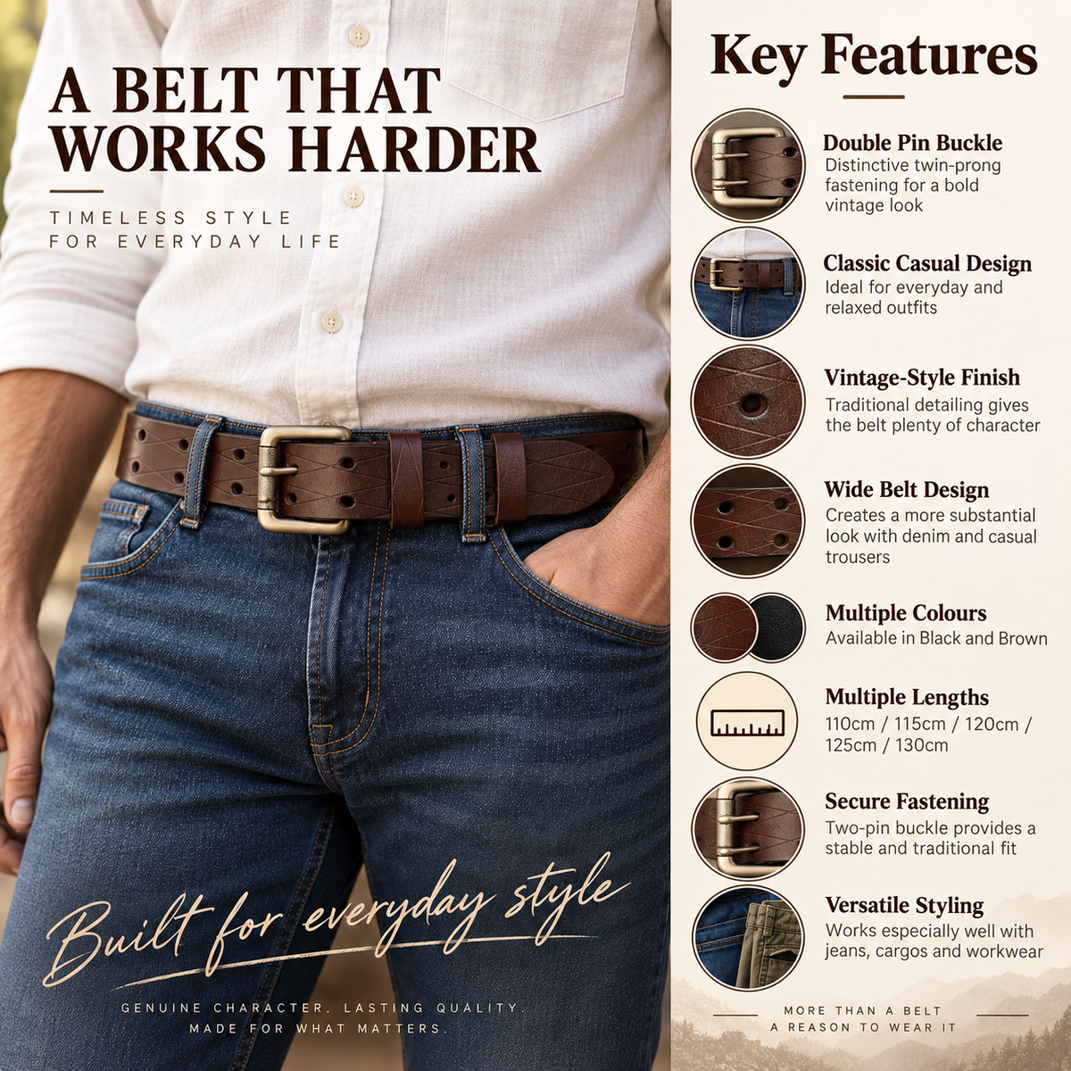 A promotional graphic for a leather belt worn by a person, showing a close-up of the waist, white shirt, and belt buckle. The right side includes a 'Key Features' list with circular inset photos of the belt in different colors and text describing double pin buckle, classic casual design, vintage-style finish, wide belt design, multiple colors, multiple lengths, and secure fastening.