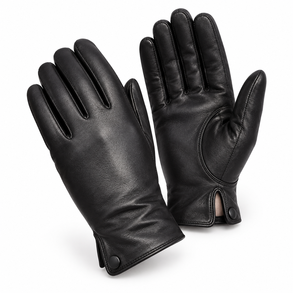 A pair of black leather gloves, one showing the back of the hand and the other showing the palm side, displayed on a clean white background.