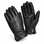 A pair of black leather gloves, one showing the back of the hand and the other showing the palm side, displayed on a clean white background.
