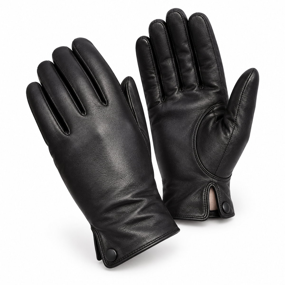 A pair of black leather gloves, one showing the back of the hand and the other showing the palm side, displayed on a clean white background.