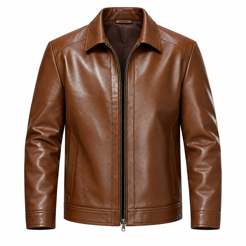 Brown - A brown leather jacket with a front zipper, stand collar, and ribbed cuffs and hem, shown on a plain white background.