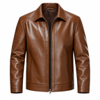 Brown - A brown leather jacket with a front zipper, stand collar, and ribbed cuffs and hem, shown on a plain white background.