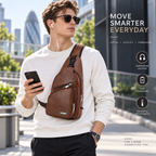 A man wearing a brown faux-leather crossbody sling bag with multiple zippered pockets, shown in an outdoor urban setting. The image includes promotional text and feature icons on the right side.