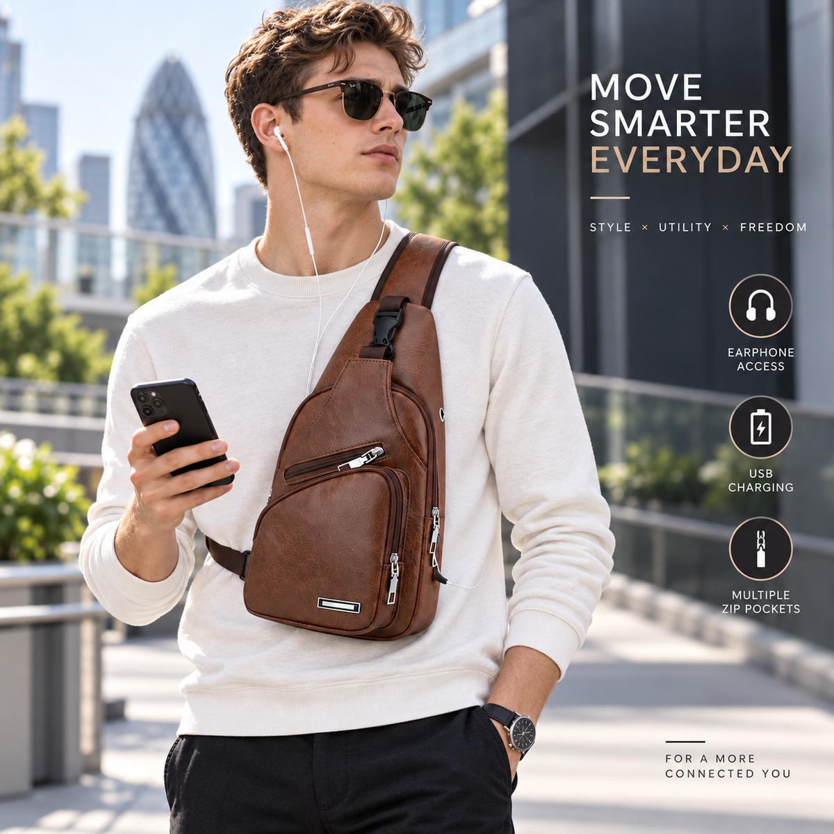 A man wearing a brown faux-leather crossbody sling bag with multiple zippered pockets, shown in an outdoor urban setting. The image includes promotional text and feature icons on the right side.