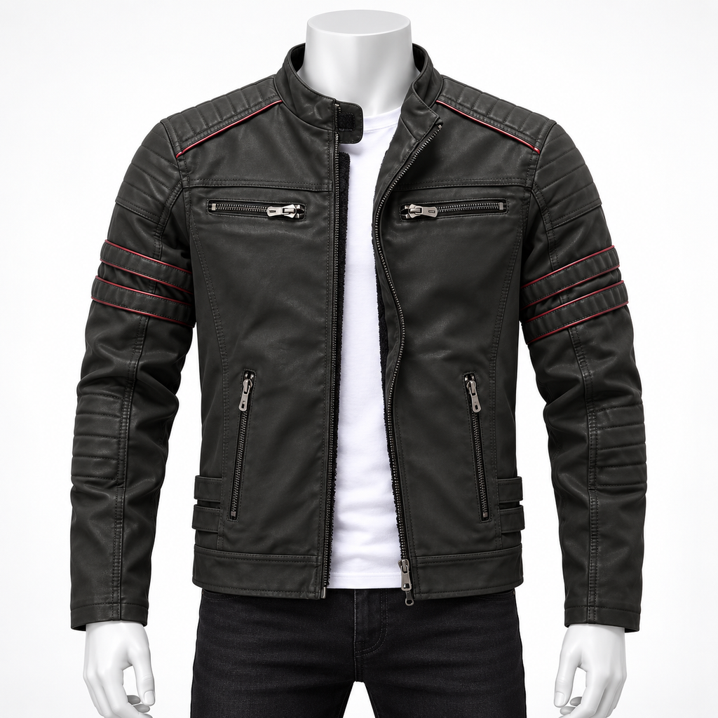 Army Green - A black faux leather motorcycle jacket with red contrast stitching and silver zippers, displayed on a white mannequin torso over a white t-shirt and black jeans.
