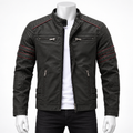 Army Green - A black faux leather motorcycle jacket with red contrast stitching and silver zippers, displayed on a white mannequin torso over a white t-shirt and black jeans.