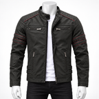 Army Green - A black faux leather motorcycle jacket with red contrast stitching and silver zippers, displayed on a white mannequin torso over a white t-shirt and black jeans.