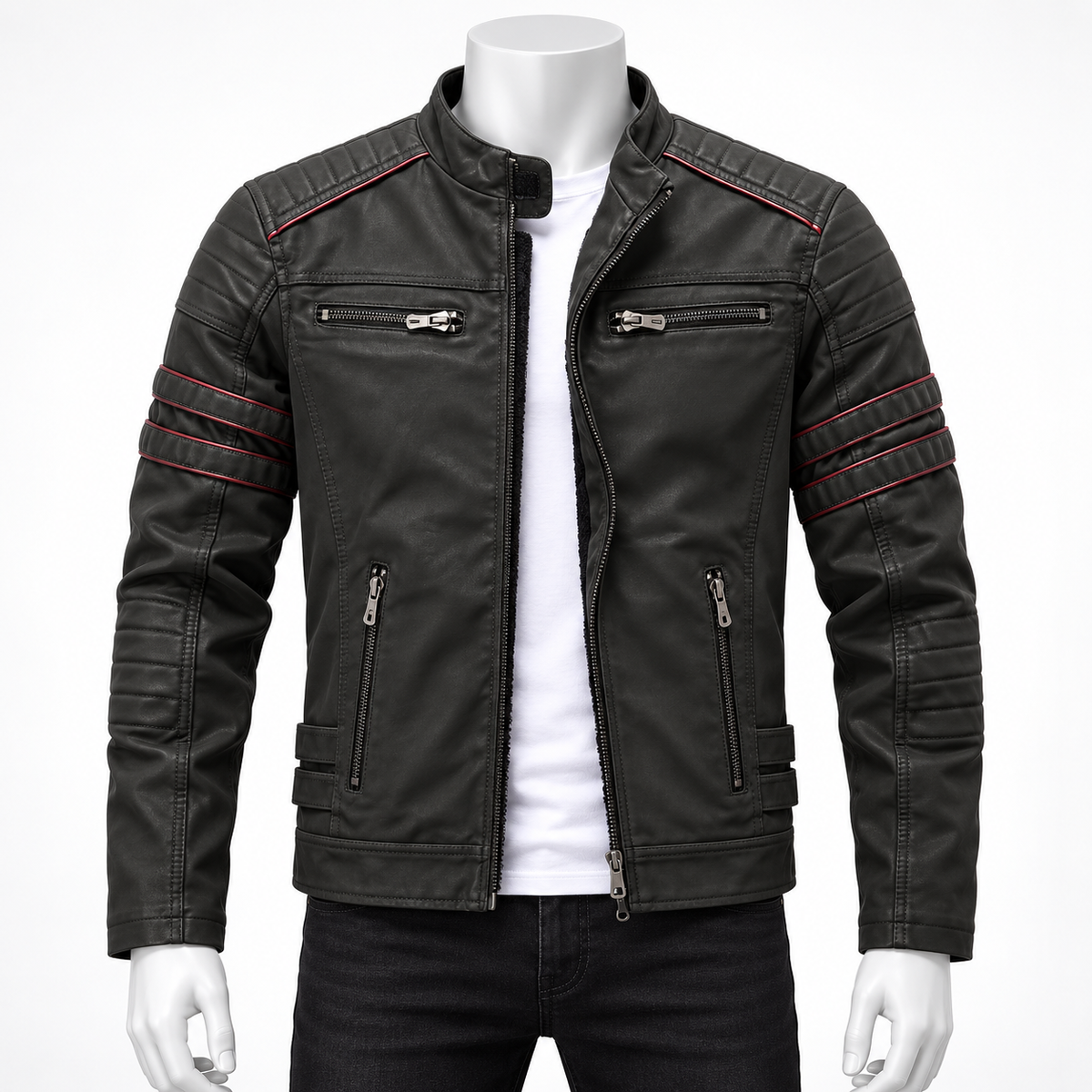 Army Green - A black faux leather motorcycle jacket with red contrast stitching and silver zippers, displayed on a white mannequin torso over a white t-shirt and black jeans.