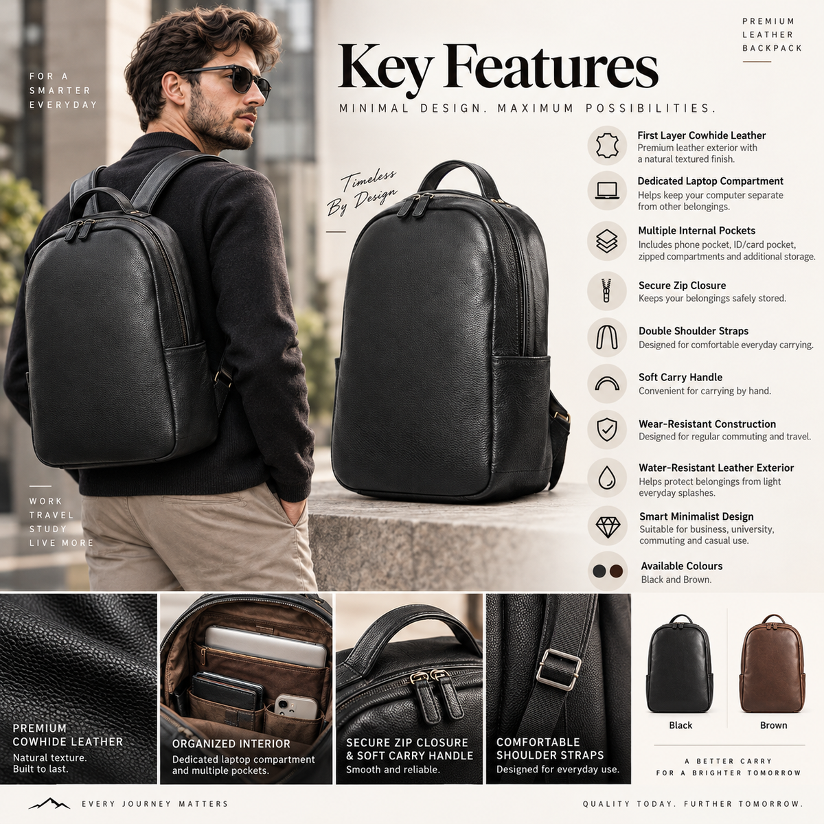 A promotional graphic for a leather backpack featuring a man wearing the backpack on the left, with text callouts and feature panels on the right and bottom. The product shown is a black leather backpack with multiple pockets and a soft shoulder strap.
