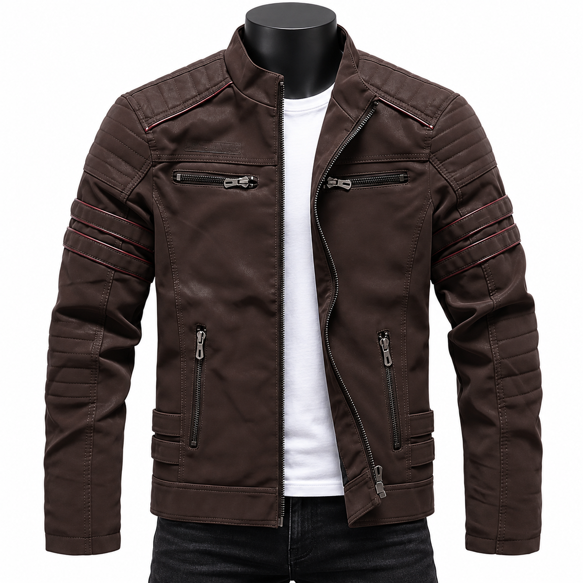 Coffee - A dark brown faux leather motorcycle jacket with multiple zippered pockets and ribbed sleeve details, displayed on a black mannequin torso over a white t-shirt and dark jeans against a plain white background.