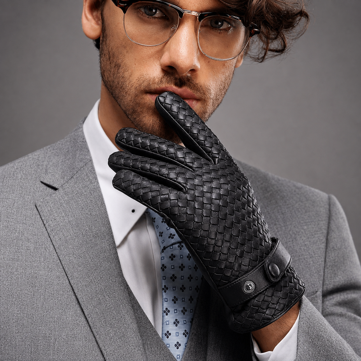 A close-up of a man wearing a gray suit, white dress shirt, patterned tie, and black woven leather gloves, posed against a neutral gray studio background.