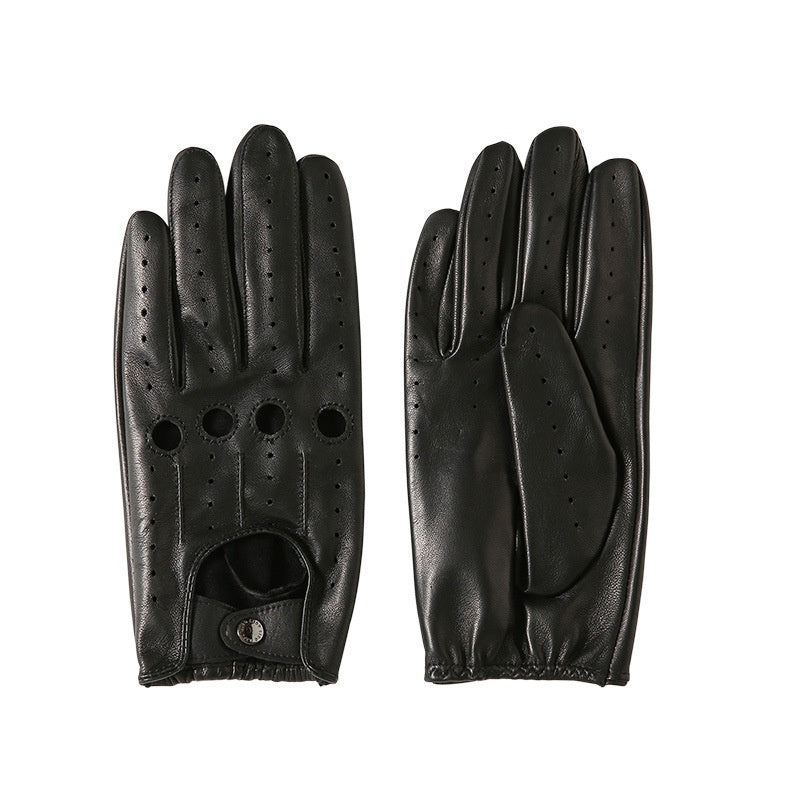 Pair of black leather gloves on a white background