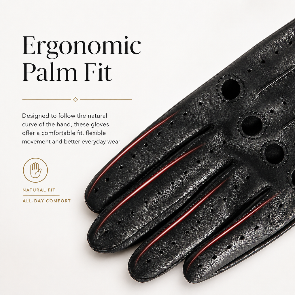A black leather glove shown on a clean white background with text reading 'Ergonomic Palm Fit' and additional descriptive copy about natural fit and all-day comfort.