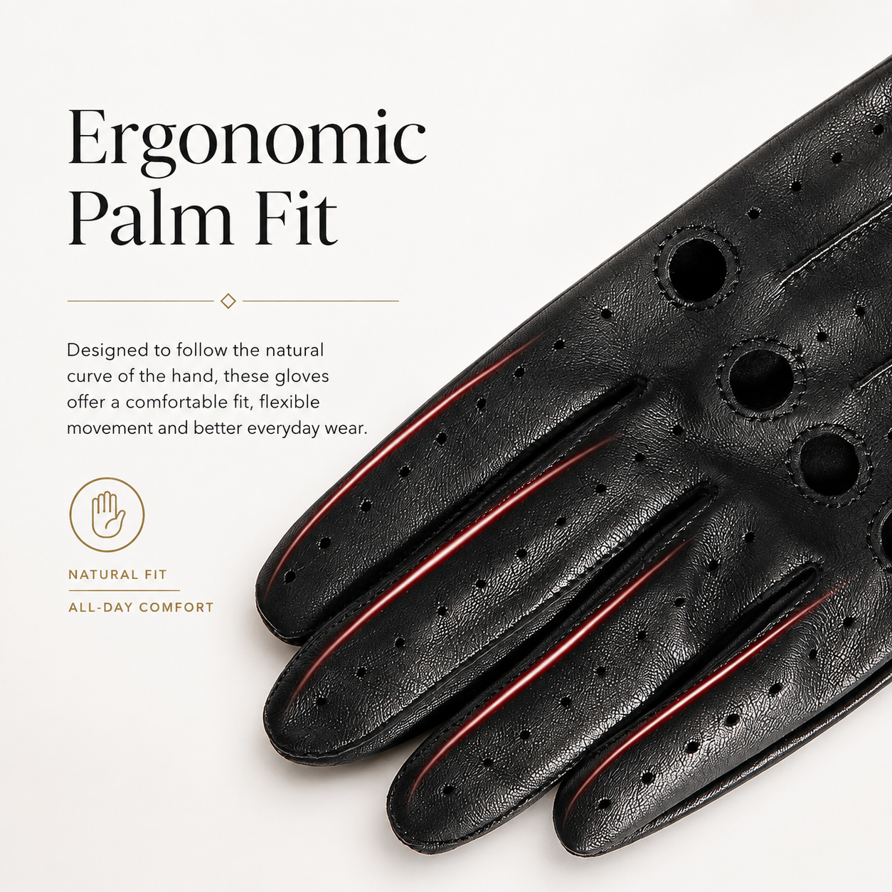 A black leather glove shown on a clean white background with text reading 'Ergonomic Palm Fit' and additional descriptive copy about natural fit and all-day comfort.