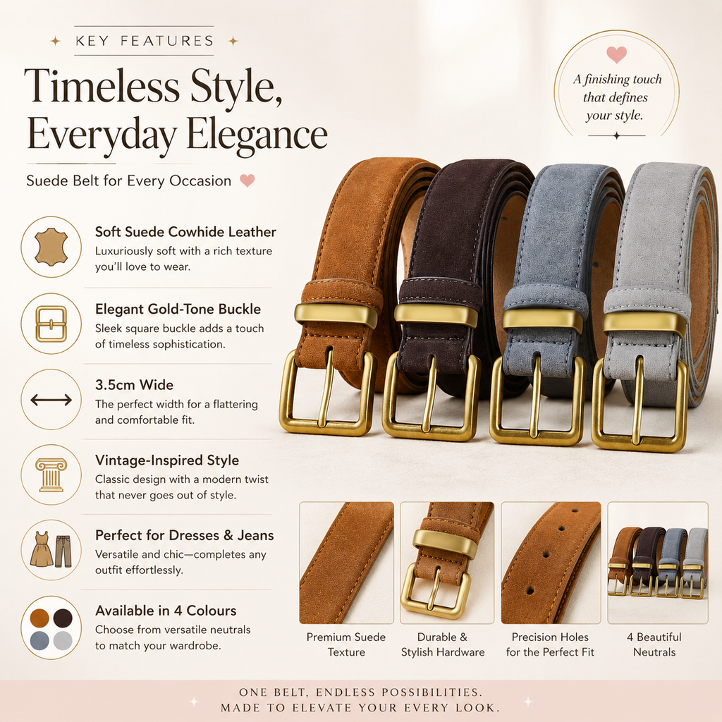 A promotional graphic for a suede belt, showing three leather belt options in brown, tan, and gray with gold-tone buckles. The left side features marketing text and feature callouts about the belt's soft suede cowhide leather, elegant buckle, 3.