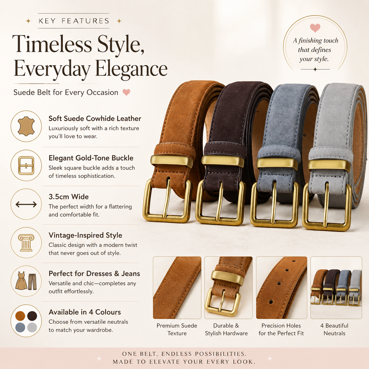 A promotional graphic for a suede belt, showing three leather belt options in brown, tan, and gray with gold-tone buckles. The left side features marketing text and feature callouts about the belt's soft suede cowhide leather, elegant buckle, 3.