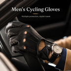 A black leather men's cycling glove with cutout details on the back of the hand, worn on a wrist with a watch, while gripping a bicycle handlebar inside a car. Text overlay reads 'Men's Cycling Gloves'.