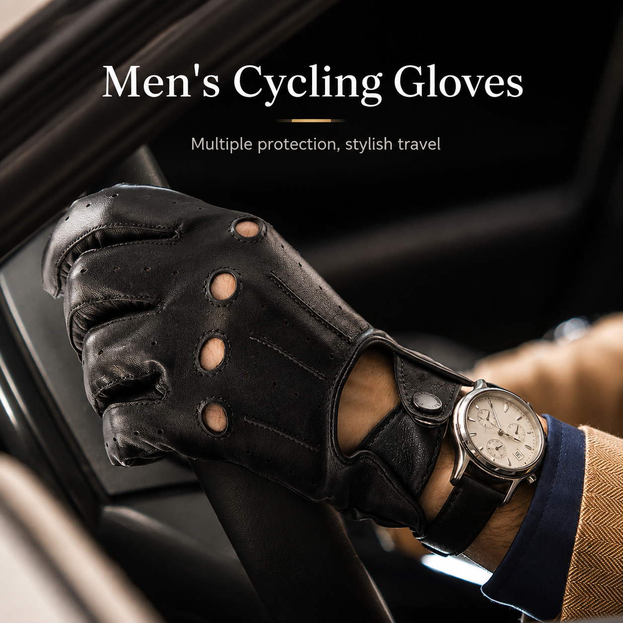 A black leather men's cycling glove with cutout details on the back of the hand, worn on a wrist with a watch, while gripping a bicycle handlebar inside a car. Text overlay reads 'Men's Cycling Gloves'.