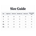 Shared - A size guide table showing measurements for sizes M, L, XL, 2XL, and 3XL, including length in cm, chest in cm, shoulder in cm, sleeve in cm, and sleeve width in cm, on a white background.