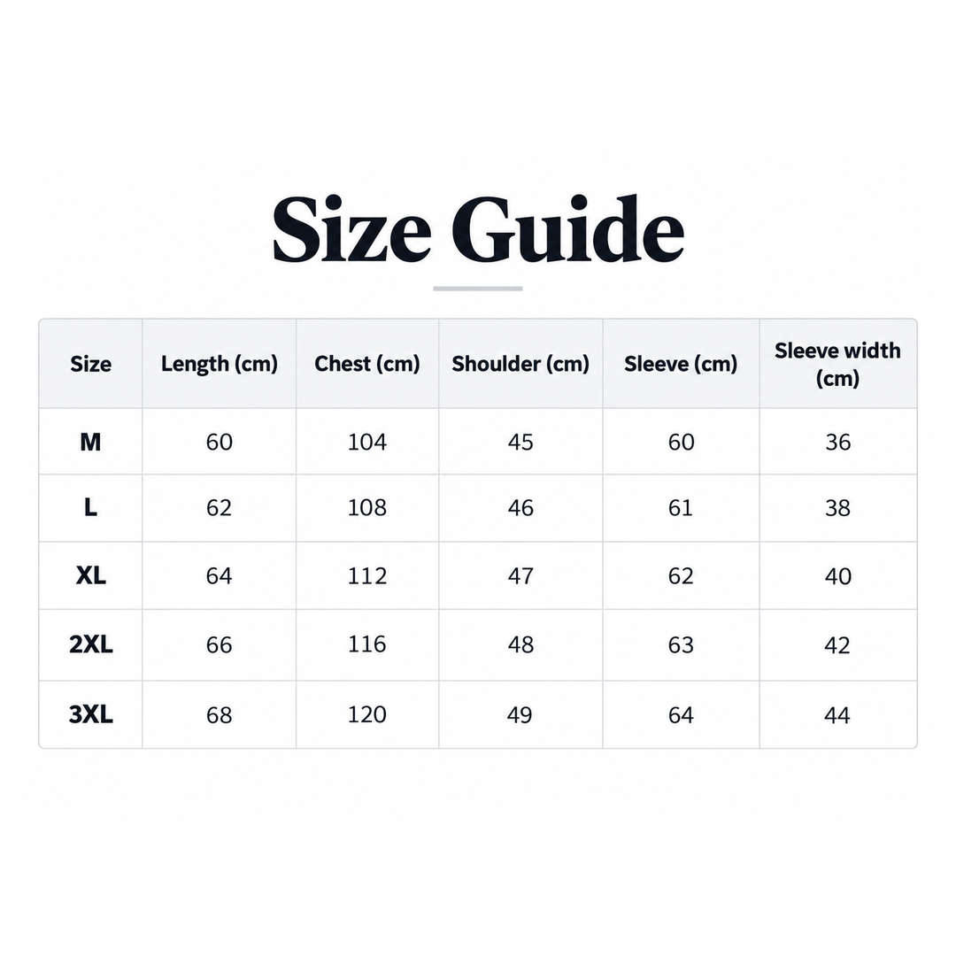 Shared - A size guide table showing measurements for sizes M, L, XL, 2XL, and 3XL, including length in cm, chest in cm, shoulder in cm, sleeve in cm, and sleeve width in cm, on a white background.